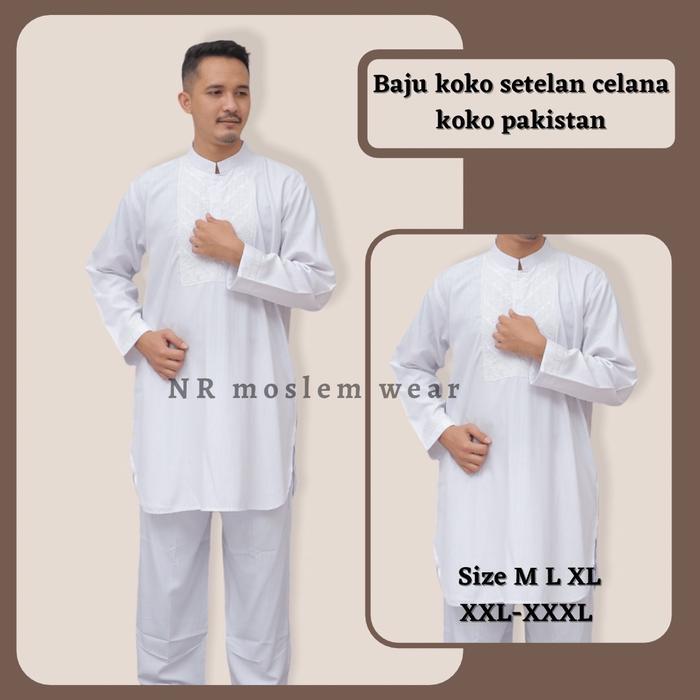 Baju koko pria , setelan koko pakistan putih dewasa , baju koko umroh haji kode Stp - Putih bersih, 