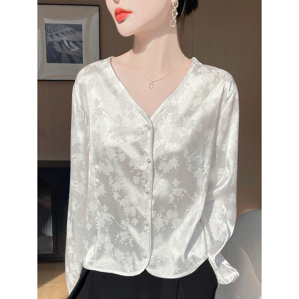 Atasan wanita satin jacquard warna polos V Jaket kemeja berkerah ringan