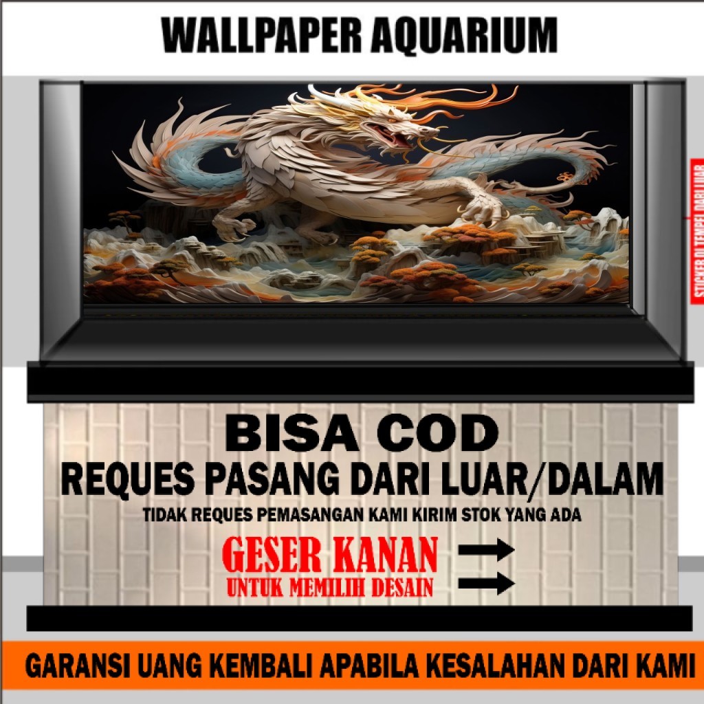 sticker aquarium, background aquarium motif naga, wallpaper aquarium dragon stiker gambar naga