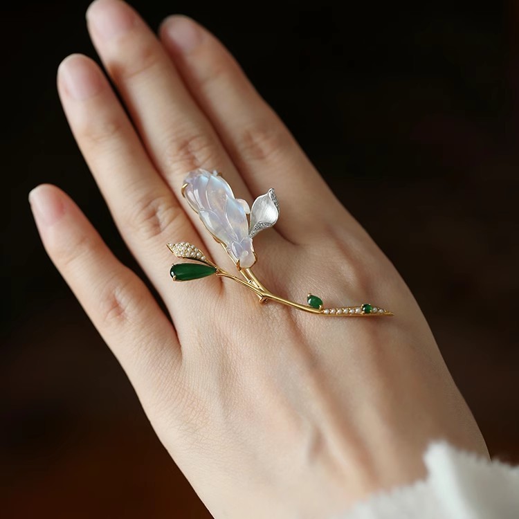 Perhiasan Kenangan Ratu COD  Bros Mutiara Giok Batu Bulan Imitasi Cabang Magnolia