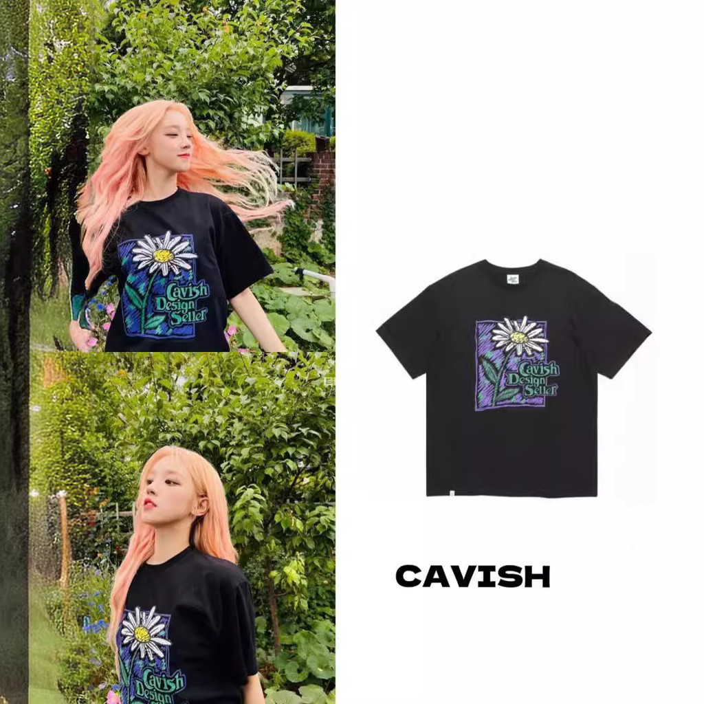 Merek fesyen ceruk Korea CAVISH, bunga daisy baru, longgar lengan pendek untuk wanita T-shirt