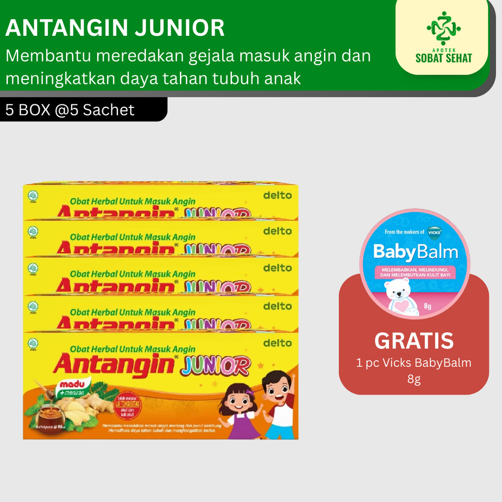 [5 BOX] Free Vicks Babybalm 8 Gram || Antangin Junior Sirup Herbal Box 5 Sachet - Obat Herbal Imun D