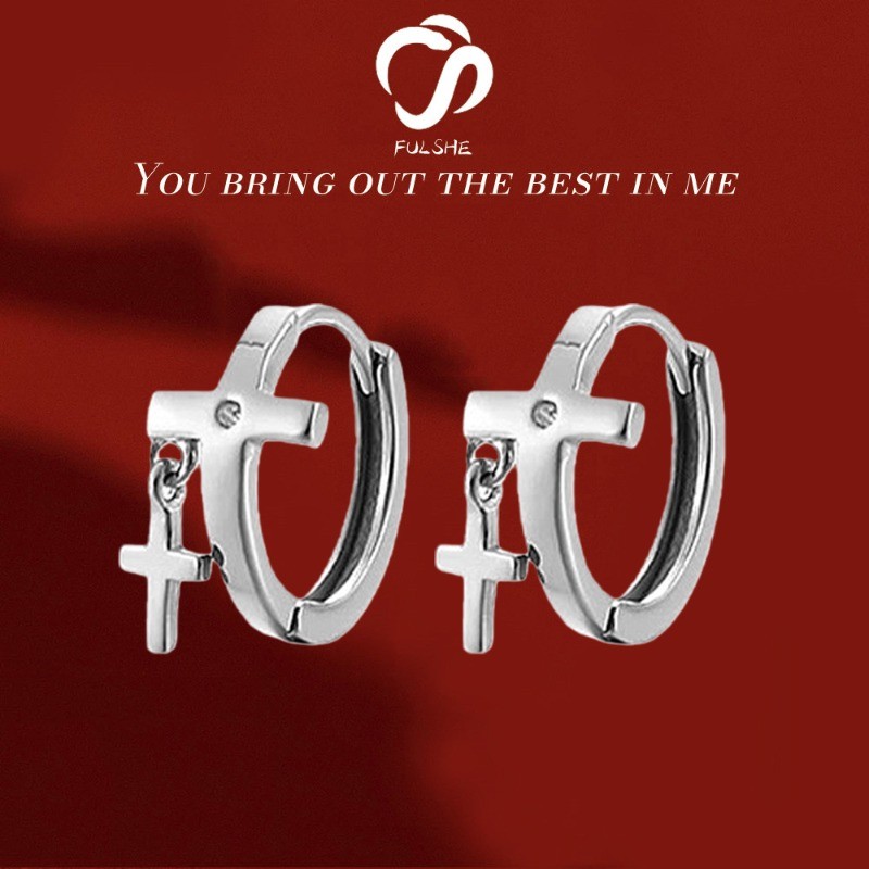 FULSHE Anting-anting Berlapis Platinum Bertatahkan Berlian Model Silang Ganda Bergaya Korea Yang Mod