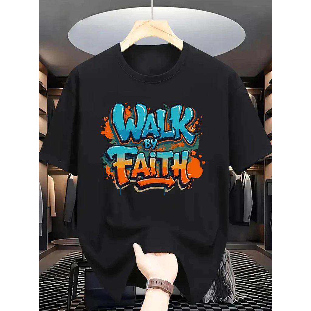 Kaos Grafis Pria "Walk by Faith" - Kaos Iman Kristen Oranye, Kaos Campuran Lembut dan Bernapas untuk