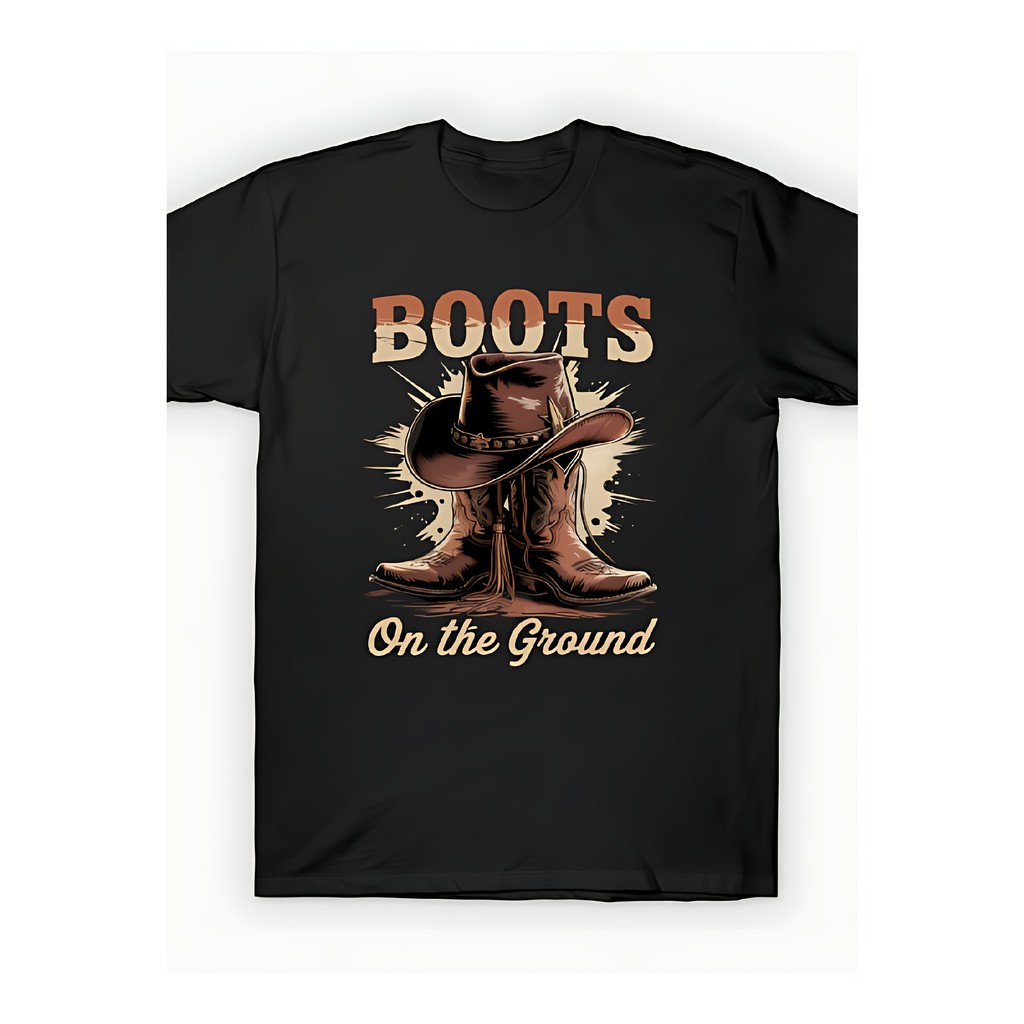 Kaos Hitam Desain Boots Wanita di Tanah dengan Desain Boots Koboi & Topi, 100% Katun. Kerah Bulat Le