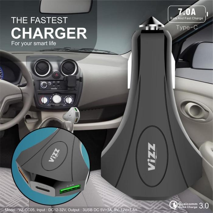 Car Charger / Casan Mobil Vizz VZ-CC05 VZCC05 3 Output Dual USB Type C Fast Charging Saver Tipe C