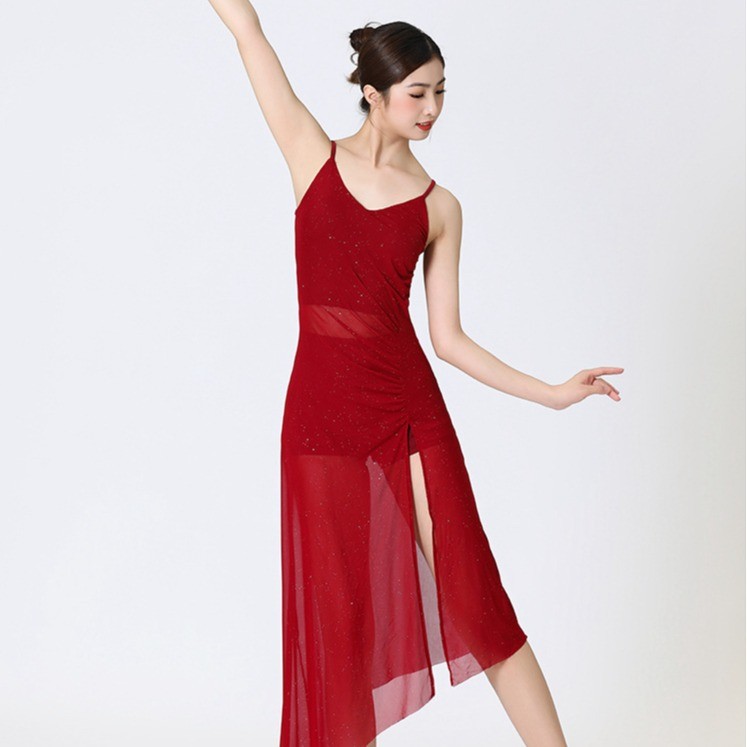 Mesh Latin Jazz Dance Dress High Slit Ballroom Dance Classical Dance Performance Dress Practice Dres