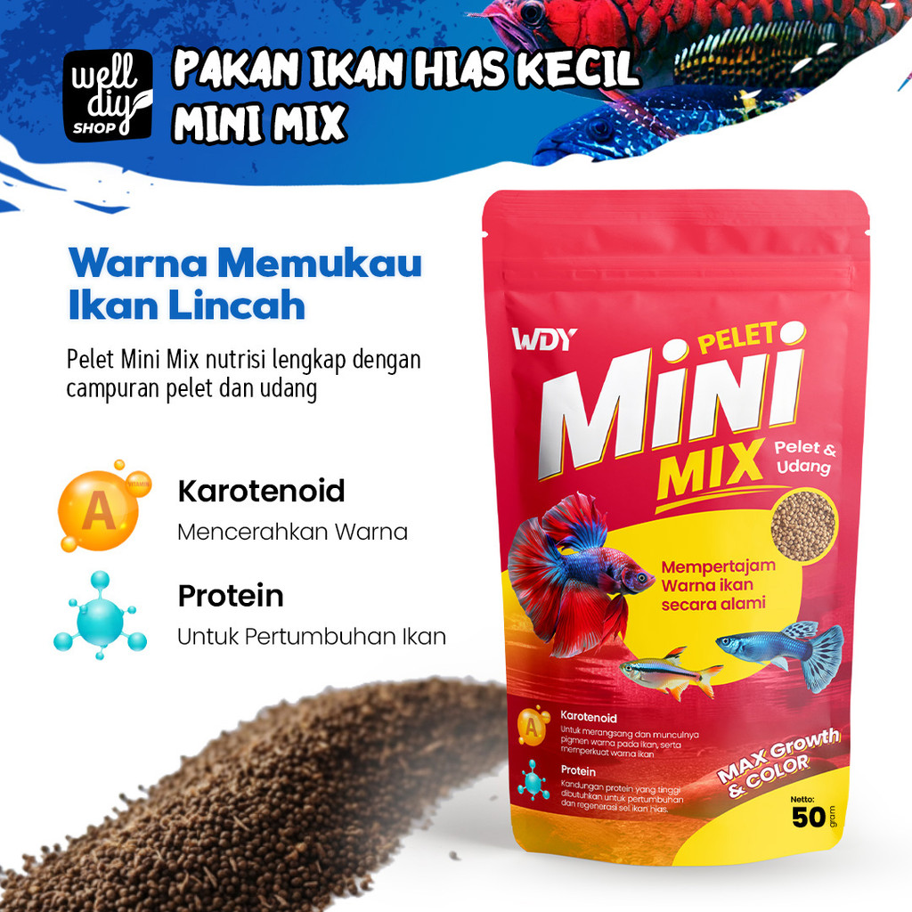 Pakan Ikan Hias Kecil Pelet Mini Mix Udang dan Pelet Mikro Ikan Cupang Guppy Moly Platy Peningkat Wa