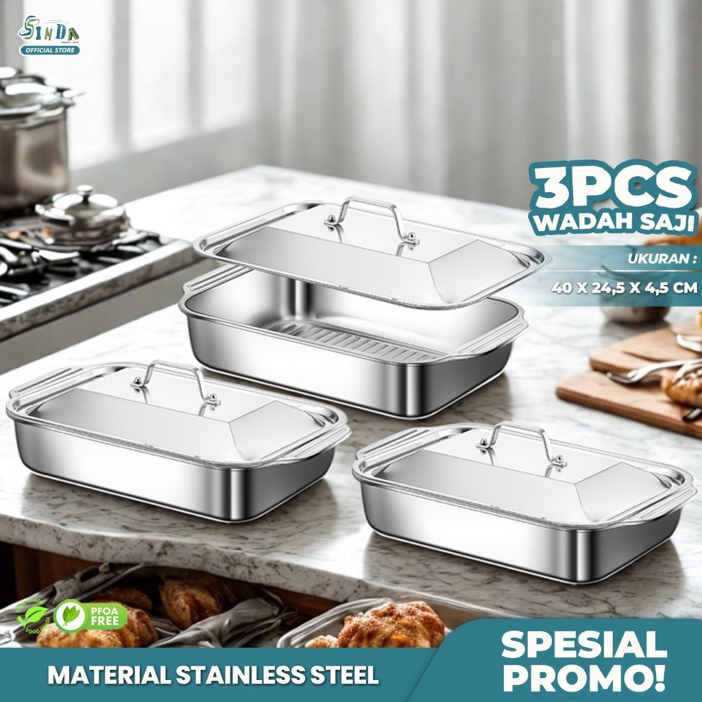Sinda { PAKET 3PCS } Wadah Prasmanan Catering Nampan Stainless Steel Wadah Saji Lauk + Tutup