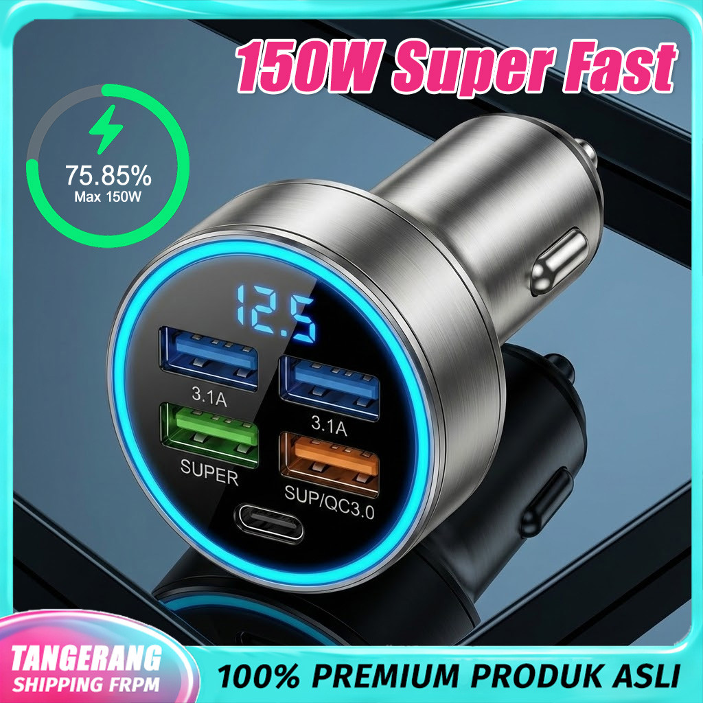 Pengisi Daya Mobil Fast Charging 5 Port 150W PD QC3.0 Type C Charger Mobil Untuk iPhone Android USB 