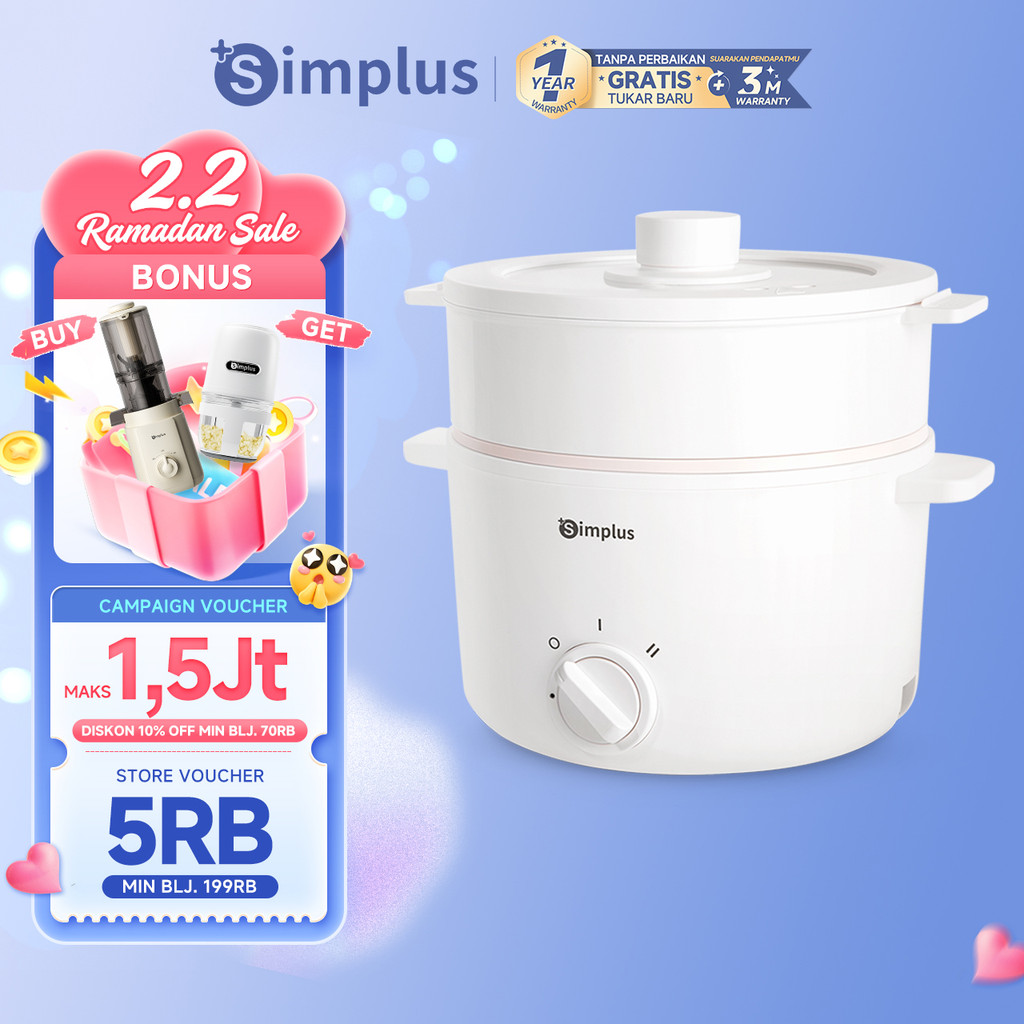 Simplus Panci Listrik Multifungsi 3L Lapisan Keramik Anti Lengket 2 Tingkat Suhu