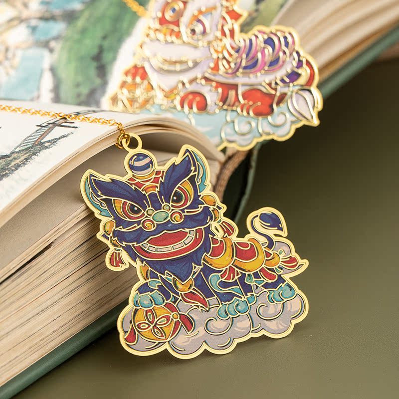Penanda Buku Logam Tarian Singa Imitasi Enamel Klip Buku Tembaga Gaya Cina Alat Tulis Kreatif