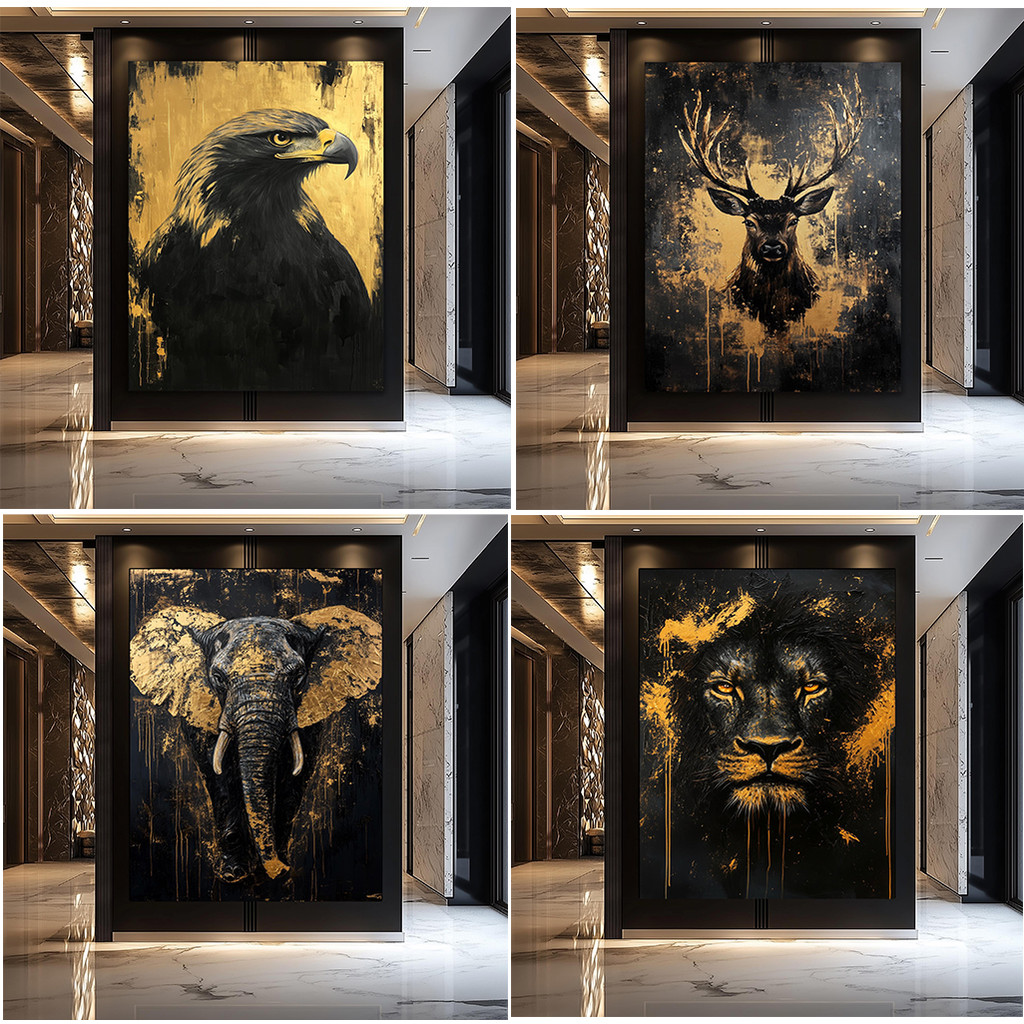 Fox Elephant Eagle Canvas Painting Black Gold Animal Print Poster Luxury Wild Animal Decoration Abst