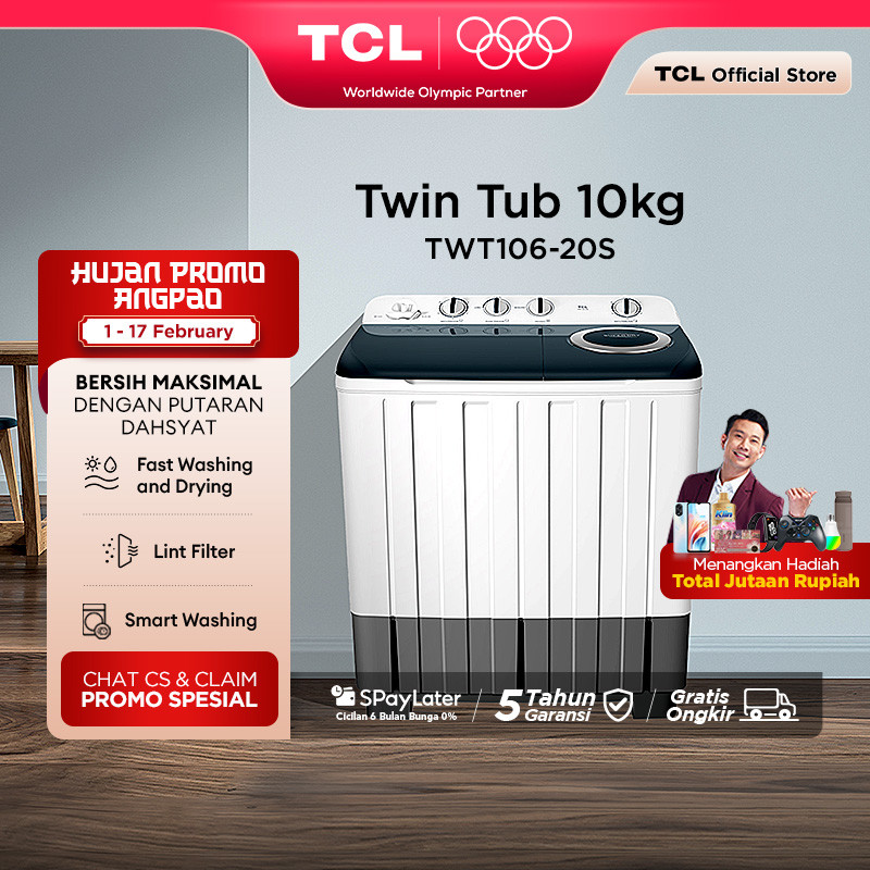 TCL Mesin Cuci 2 Tabung - Twintub 10KG - Lint Filter - Anti Karat - Anti Tikus (Model: TWT106-20S)