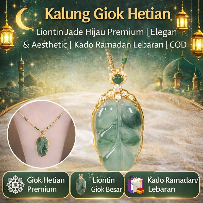 [PROMO RAMADAN]  Kalung Liontin Giok Hetian Asli  Motif Daun Emas - Kado Berkah Kesehatan untuk Ibu 