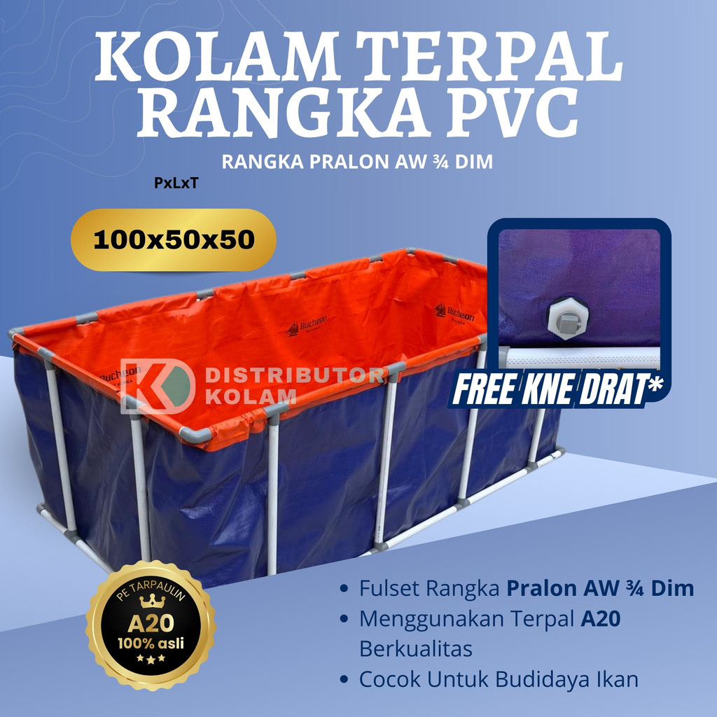 Kolam Terpal A20 Fullset Rangka Pralon Ukuran 100x50x50 Untuk Budidaya Ikan