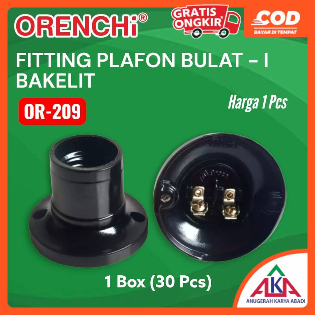 ORENCHI Fitting Lampu Plafon OR-209 Model Bulat Klasik Bakelit Terminal Kuningan E27 SNI Hitam