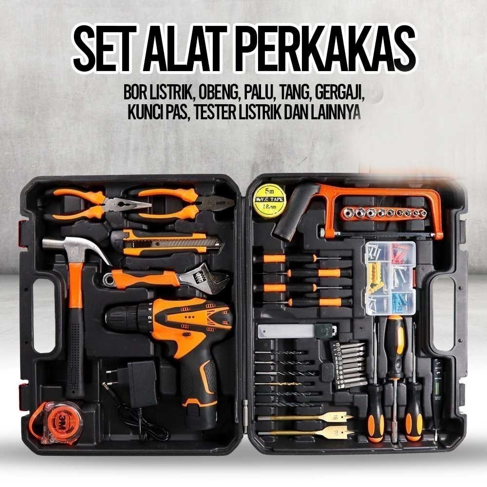 Alat Perkakas Bor Listrik Cordless Palu Tang Obeng 57 in 1 Set Alat Perkakas Pertukangan Listrik