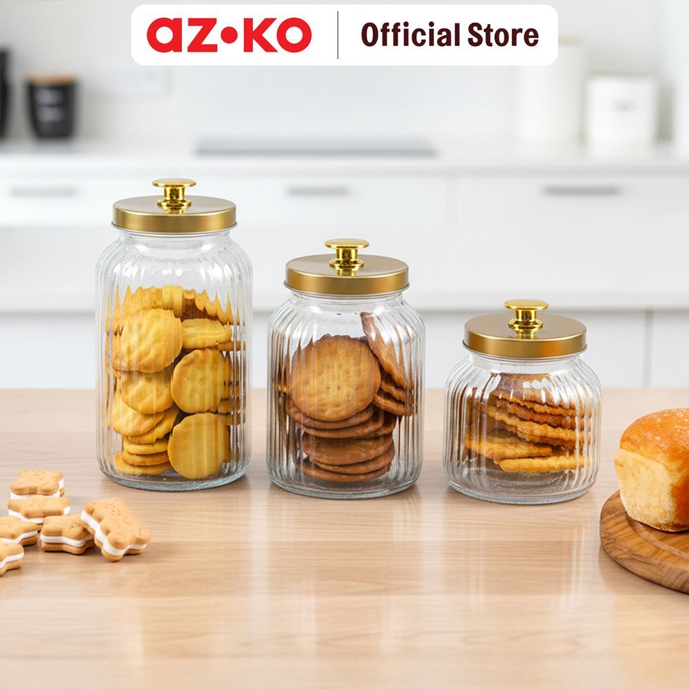 AZKO Culinart Luxe Stoples Kaca Set 3 Pcs Transparan - Gold Toples Jar Food Container Setoples Wadah