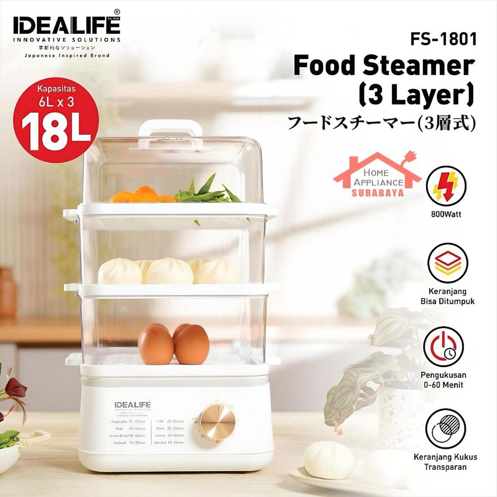 IDEALIFE Electric Food Steamer 3 Layer - Pengukus Makanan Listrik Susun 3 FS-1801