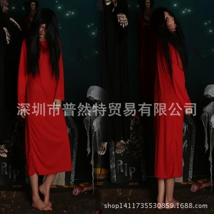 CC-47 Kostum Cosplay Sadako Costume Halloween Hantu Setan Kuntilanak - merah wig putih