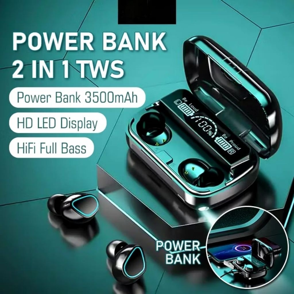 TWS M10 Wireless Headset Bluetooth Led + Powerbank Earphone Bluetooth Premium Tws Gaming berkualitas