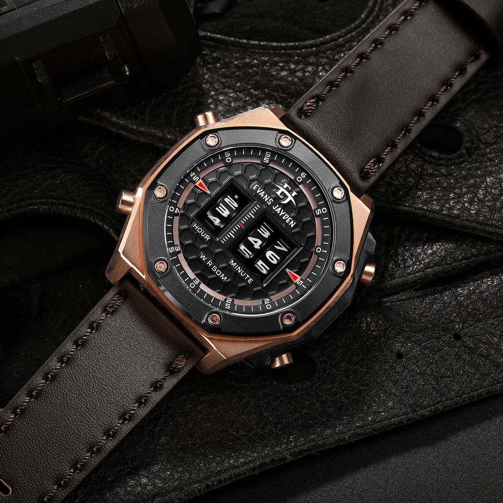 BUY 1 GET 1Evans Jayden Jam Tangan Pria 9576 Kulit Kaca Sapphire Chronograph Water Resistant 10 ATM