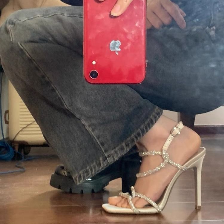 [COD] Favorit pribadi pemilik toko, sandal stiletto bertali dengan ujung persegi dan ujung terbuka, 