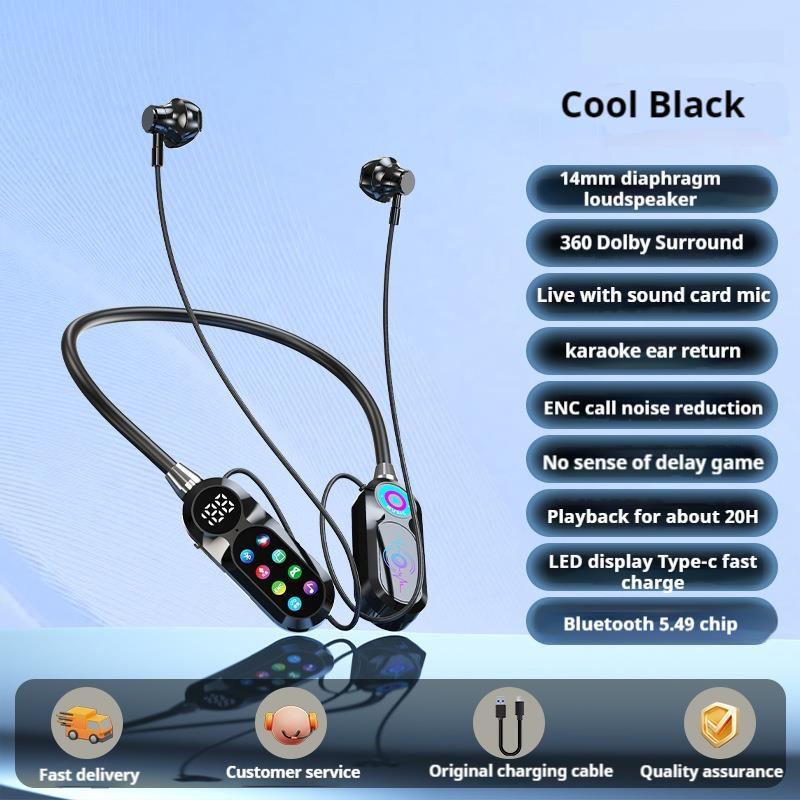 HD Screen Wireless Bluetooth 5.4 Headphones HiFi Sound Neckband Earphones For Live Karaoke Sports Ga