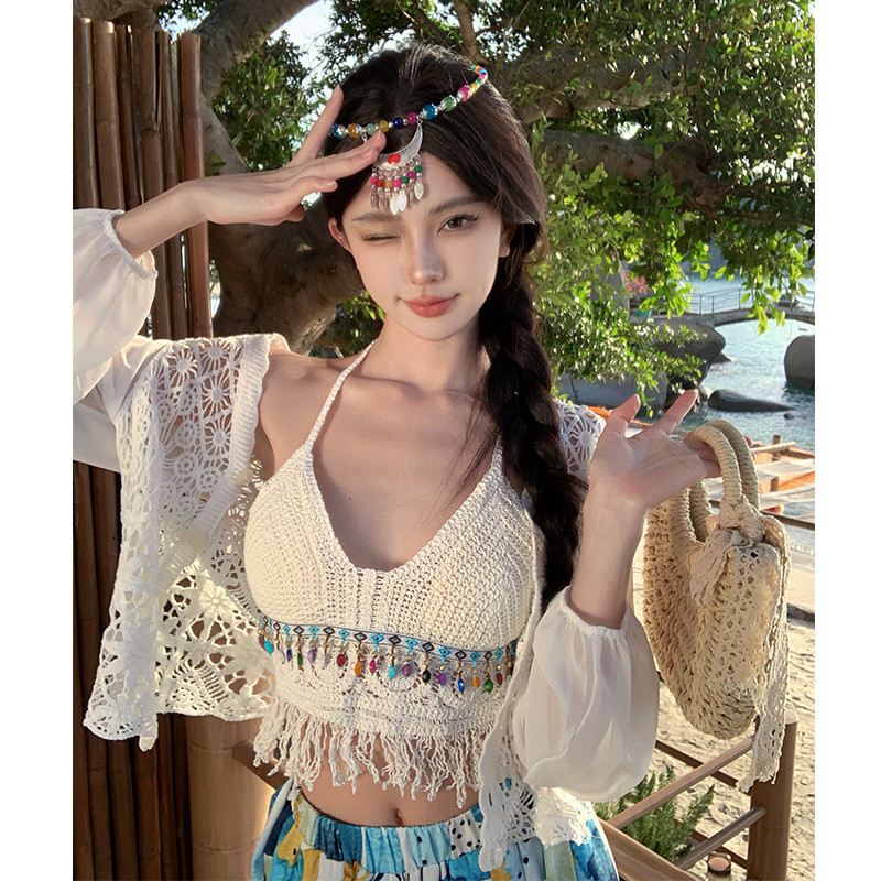 Mode Vogue Atasan Camisole Wanita Model Halter Vest dengan Rumbai dan Bra Berbantalan