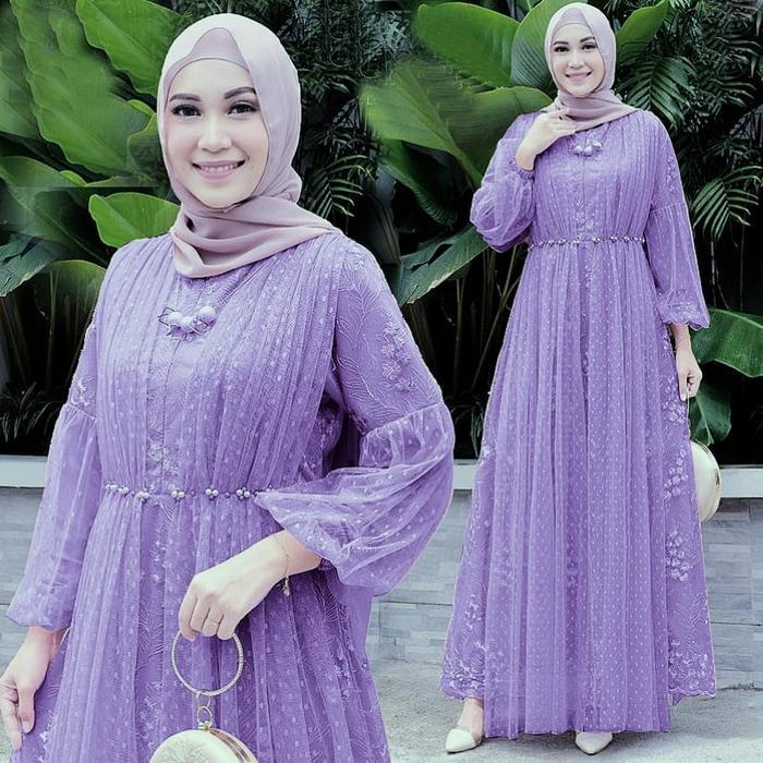 Gamis Salina Tile Mutiara Busui Dress dengan Tangan Wudhu Friendly dan Aksesoris Mutiara di Pinggang