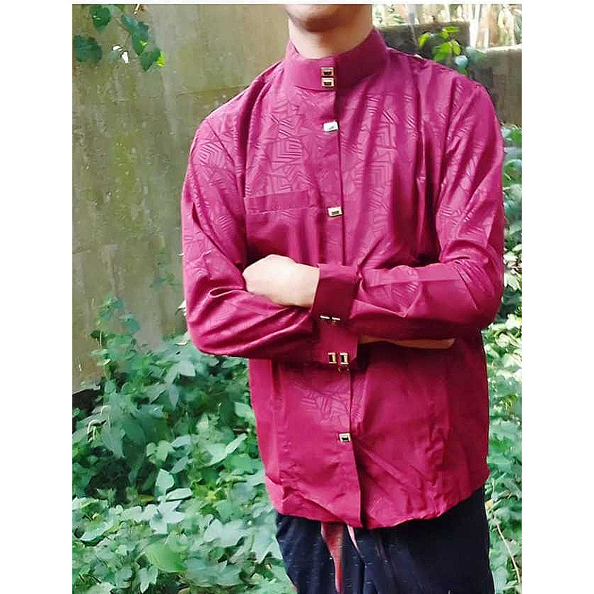 Kemeja bahan katun premium kancing kotak jepret snap koko maroon merah dongker gold moka  hitam puti