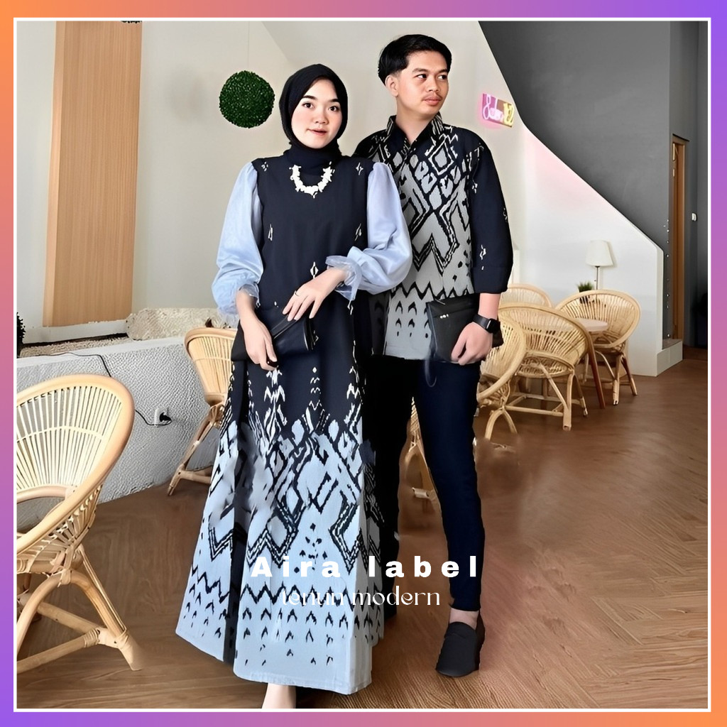 Baju couple keluarga pasangan kondangan rahayu A1 kemeja dan gamis wanita dewasa azzahra tenun ikat