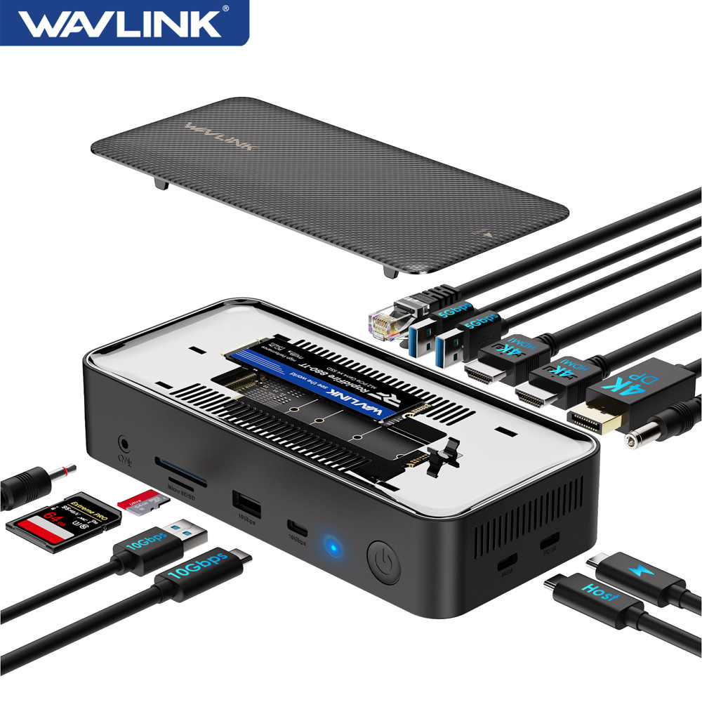 WAVLINK Triple splay Dock USB C Docking Station with M.2 PCIe/SATA SSD Enclosure 4K/8K HDMI/DP 1G/2.
