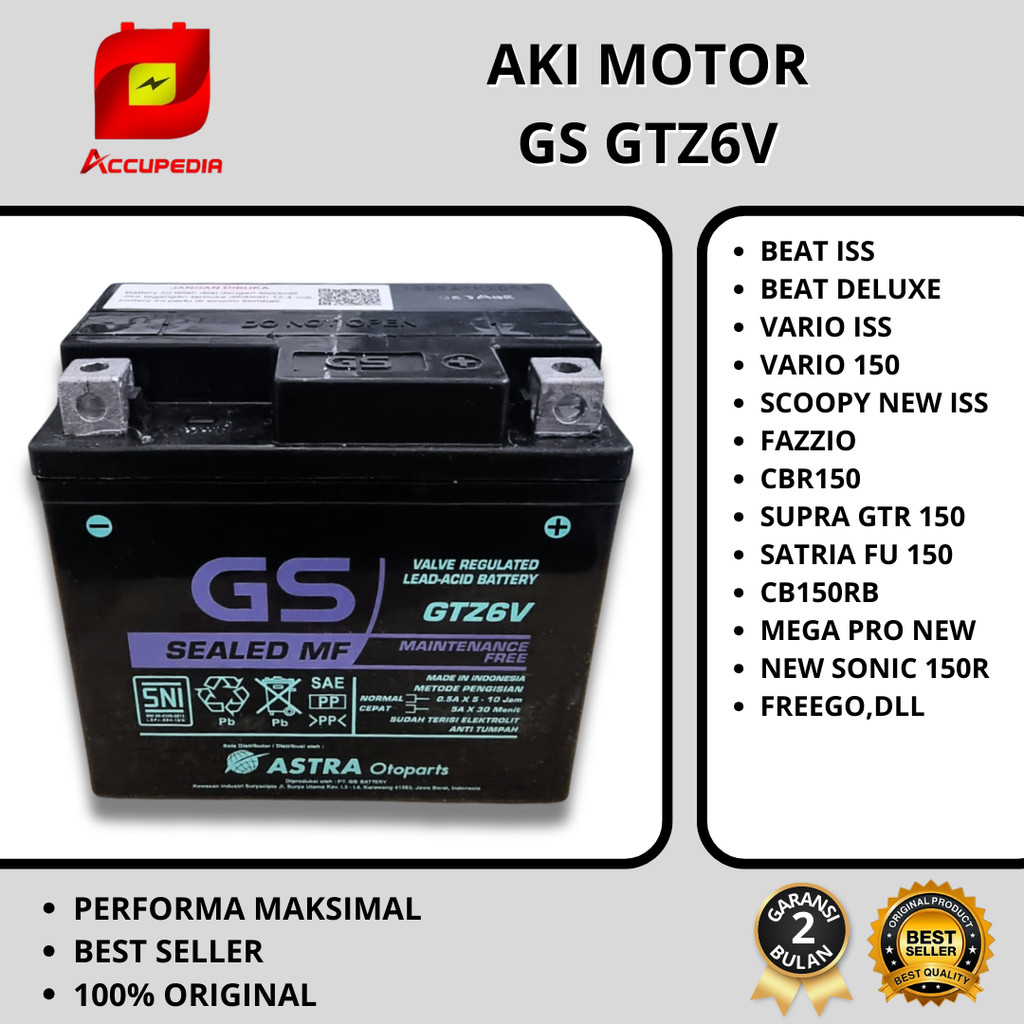 aki motor beat deluxe, vario 150,125 led, fazzio, satria fu gs  gtz6v GS aki kering