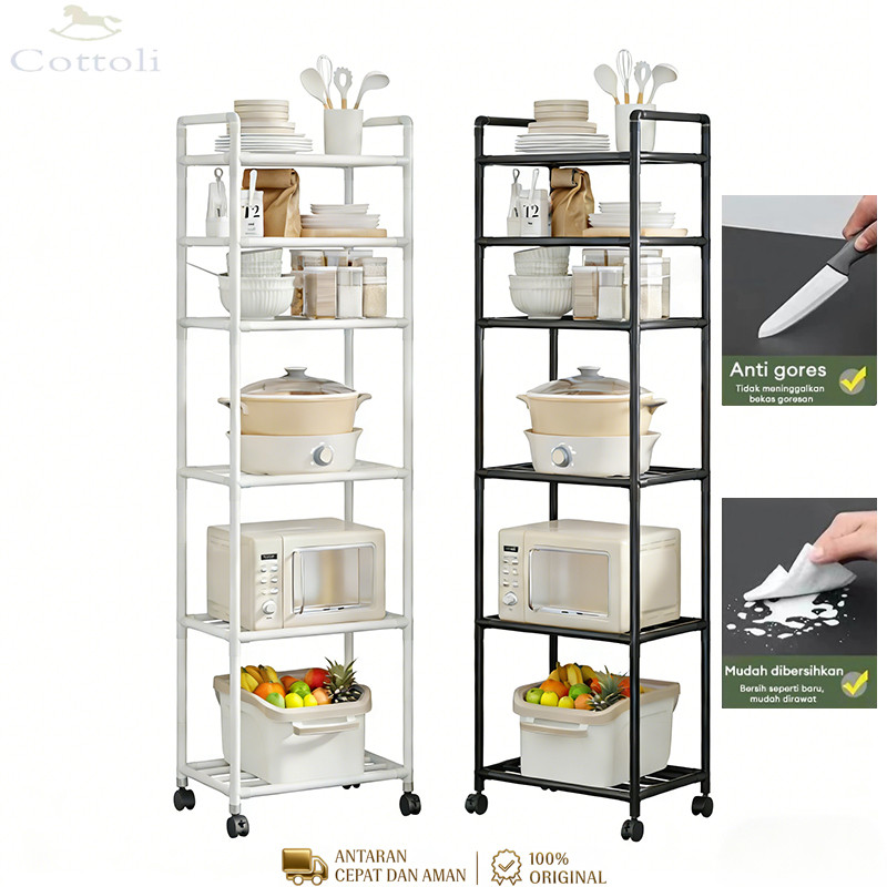 Cottoli Rak Dapur Penyimpanan 4/5/6 Tingkat Rak Lantai Beroda Dengan Roda Rak Dapur Besi Kitchen Rak