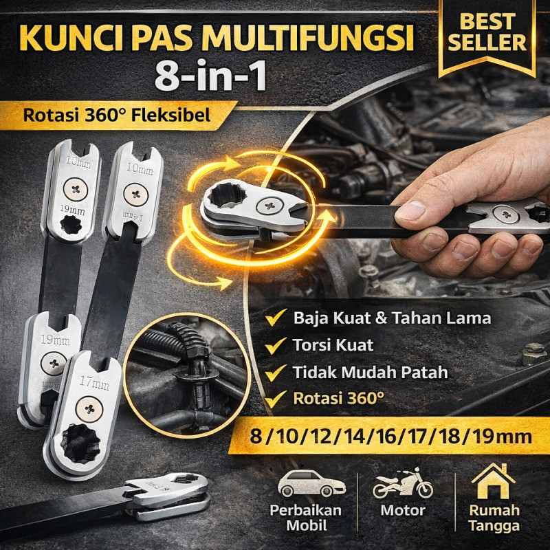 Promo Kunci Inggris Serbaguna 8-in-1 / Kepala 360° Bisa Diatur / Alat Perbaikan Multifungsi / Palu P