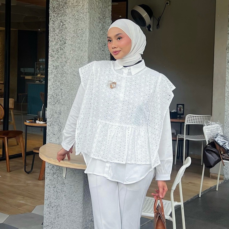 TERLARIS Atasan kemeja hitam putih one set rompi cotton poplin bordir ELISE SET by @ateera.id