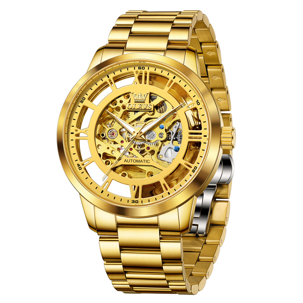 Skeleton Mechanical Watch Men Vintage Auto Mechanical Wrist Watches Gold Stainless Steel Strap Erkek