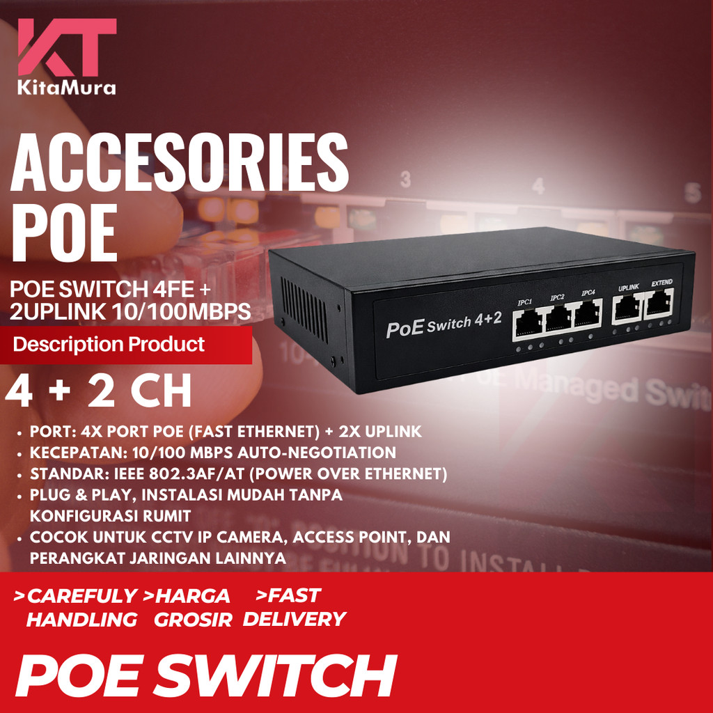 POE Switch 4 Port 2 Uplink 10/100Mbps Fast Ethernet Hub LAN