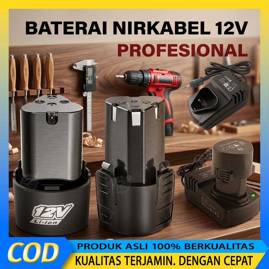 BAYAR DI TEMPAT Battery 12v 1300mAh Baterai Bor Tanpa Kabel 12 Volt Batrei Bor Cas Cordless Ori Tyre