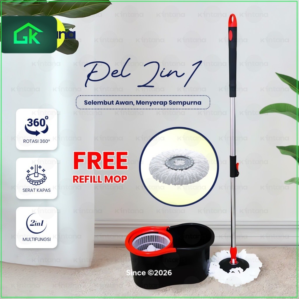 GriyaKarsa.Id -  Alat Pel Lantai 2in1 Spin Mop Praktis dengan Kain Pel Putar 360 Derajat Free Refil 