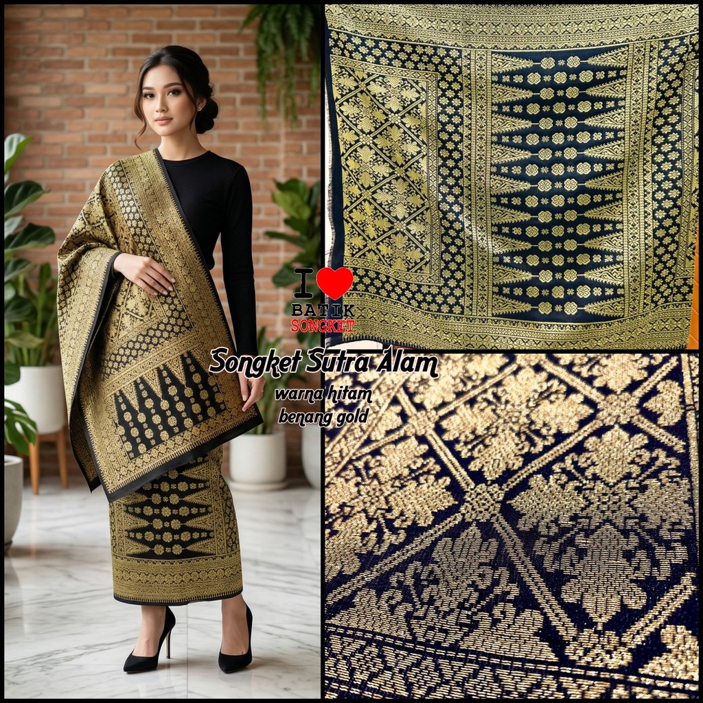 SONGKET SUTRA ALAM MOTIF 4 BENANG EMAS TENUN PALEMBANG MEDAN MINANG LEPUS HITAM