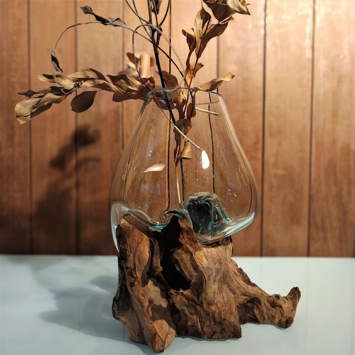 Promo Leolle Bali Vas Kaca Tiup Handmade Bali di Atas Kayu Natural | Dekorasi Rumah Minimalis & Vase