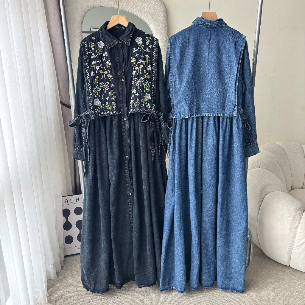 YANARA Gamis Jeans Rompi Coquette Bordir - GAMIS Jeans Rompi Pita Bordir