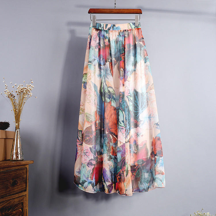 Rok Pantai Retro Rok Midi Bohemian Rok Midi Chiffon Cetak