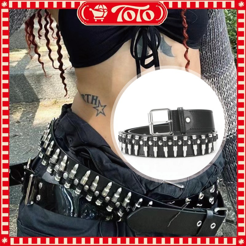 Sabuk Kulit Punk Rivet Berongga Peluru - Fashion Belt Rock Unik Cocok Jeans Pria Wanita Gaya Edgy