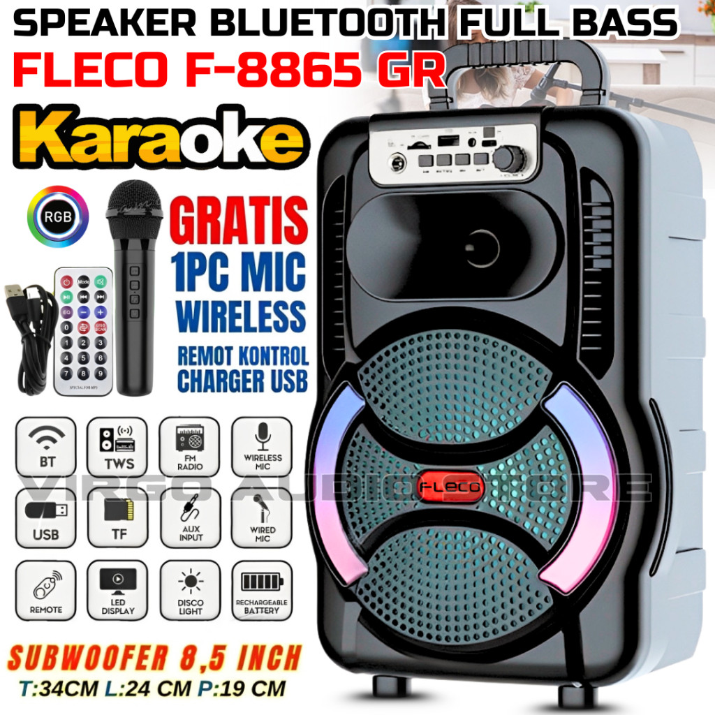Fleco F'-8865 GR Bluetooth Speaker Karaoke Free Mic Nirkabel Speaker Bluetooth Karaoke 8 inch Bonus 