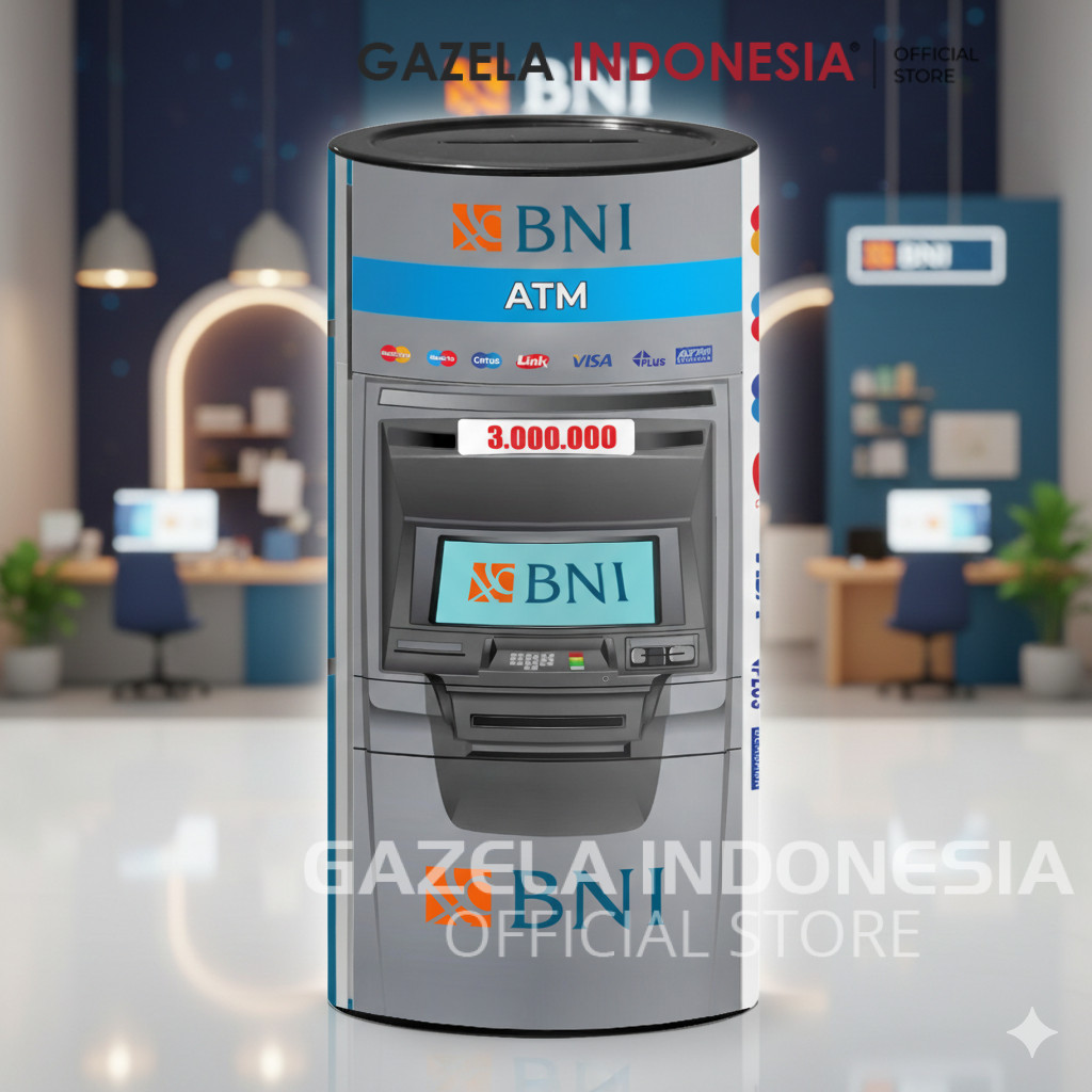 Celengan Target 3 Juta Buka Tutup Permanen Motif Desain Atm Bri Bca Mandiri 10 x 20 Cm Plastik Tabun