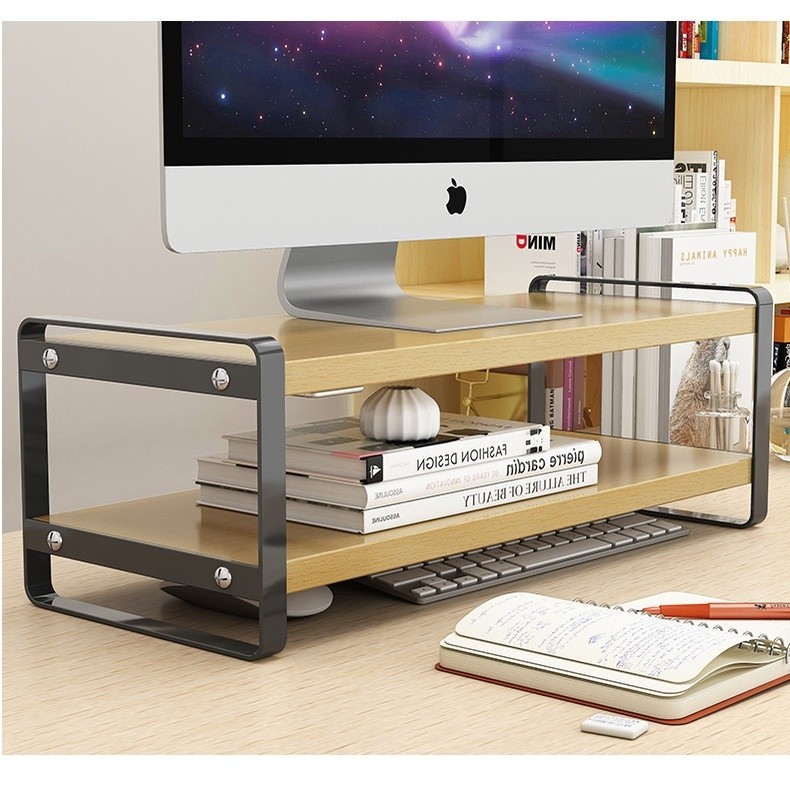 Meja laptop 2 tingkat  dudukan alas monitor atau meja LCD bahan kayu solid variasi Besi | By Dekor K